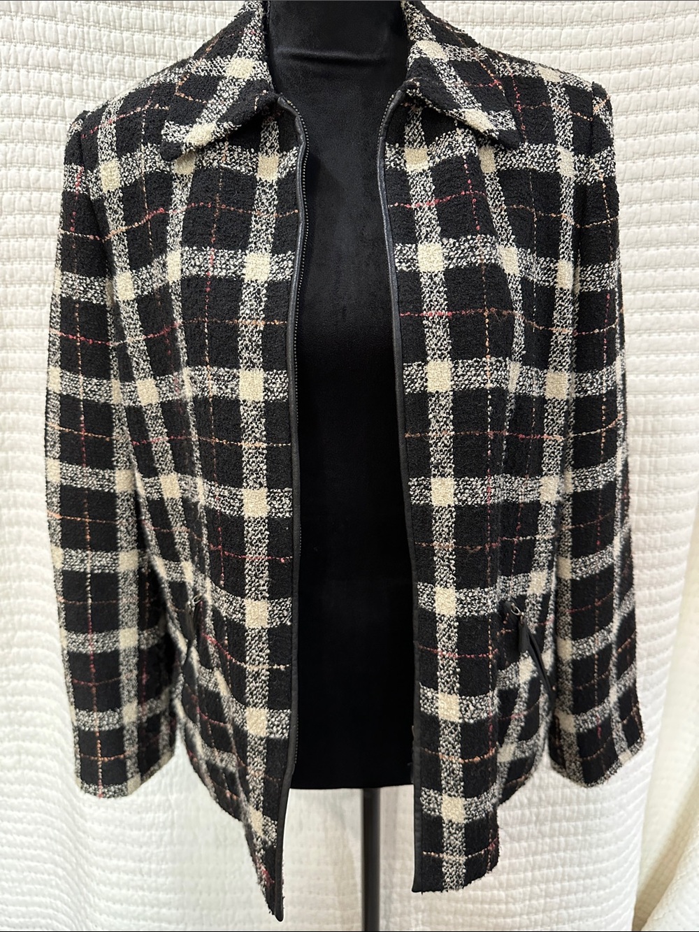 Vintage Kasper & Co. Plaid Tweed Blazer Jacket Zip Faux Leather Trim